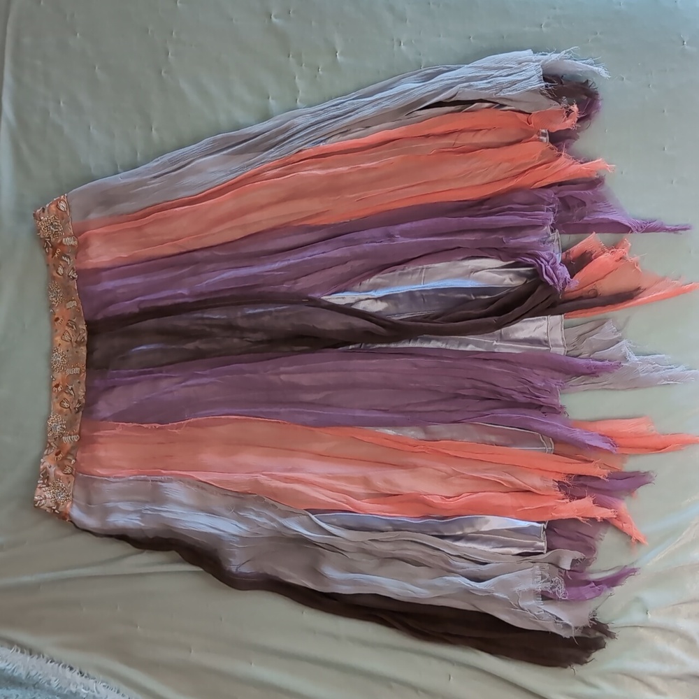Silk Scarf Skirt - Embroidery and Bead details - Size 6 - Made in USA- Boho Chic